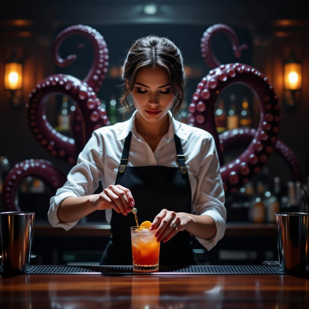 Bartender Mixing Drinks with Creeping Tentacles