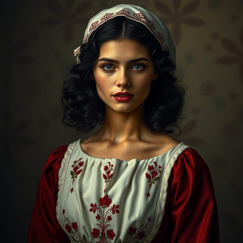 Serene Handmaiden with Intricate Bonnet in Moody Lighting