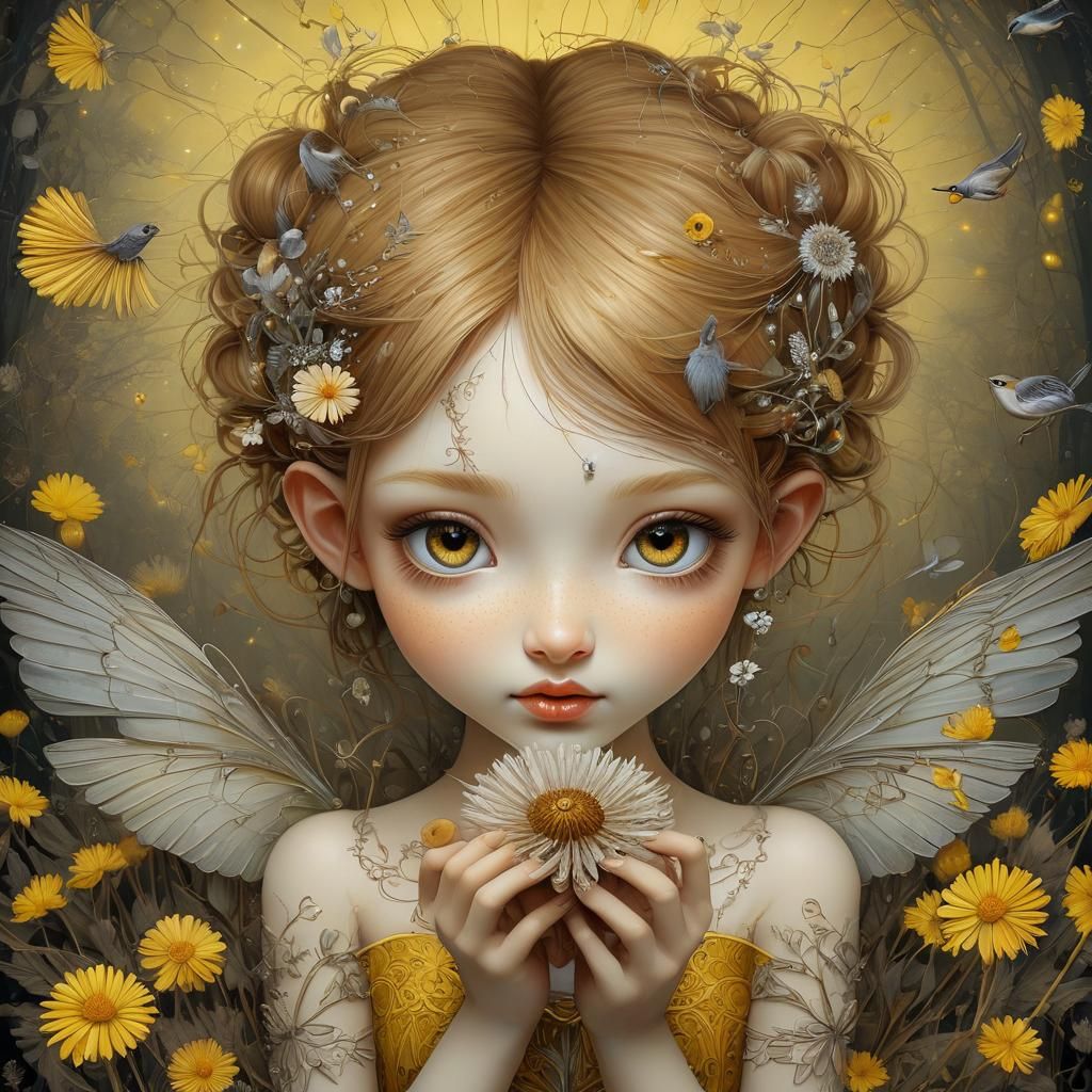 Bioluminescent Fairy Girl with Bird, Stylized Painting