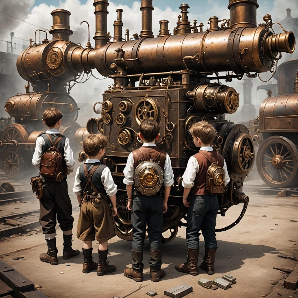 Steampunk Engine Scene with Children Playing