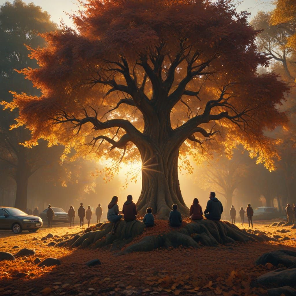 Family Gathering Under Autumn Tree in Golden Light