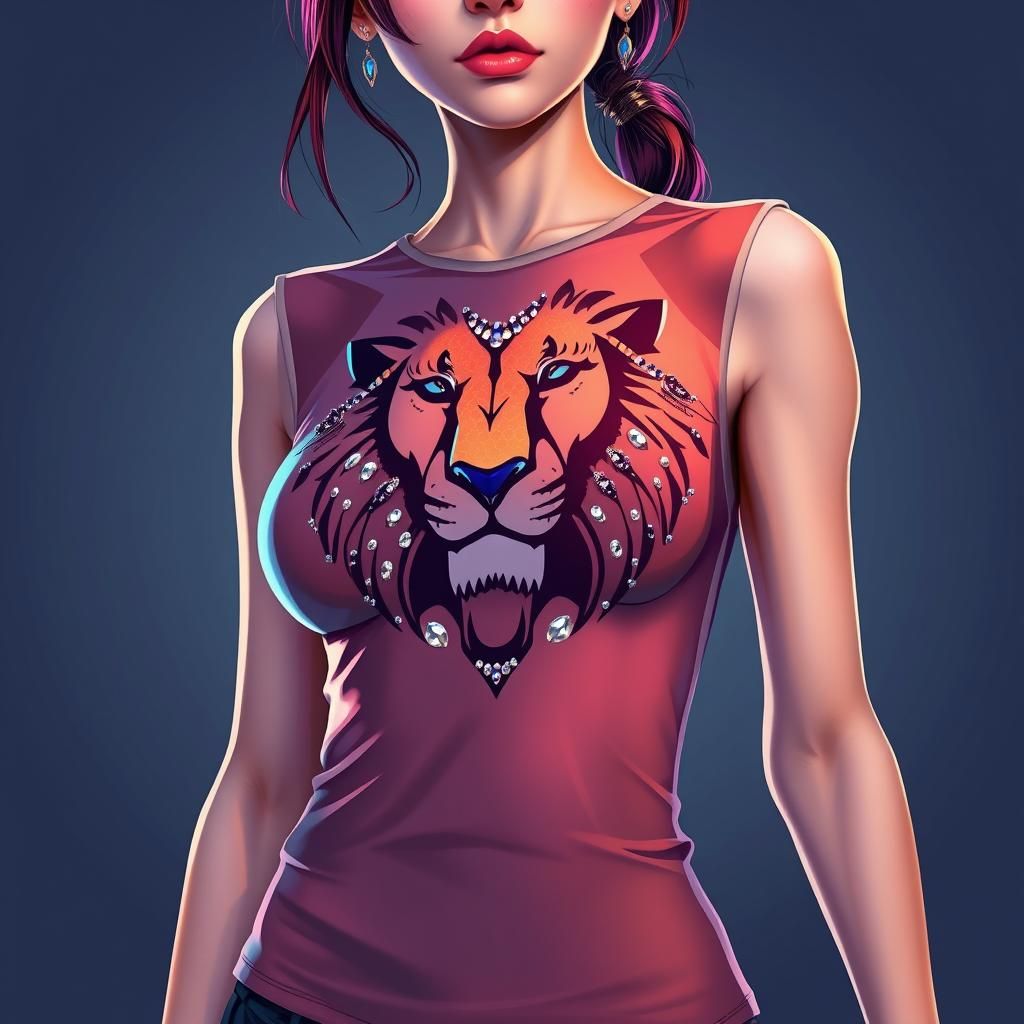 Woman with Rhinestone Lion, Vibrant Digital Art