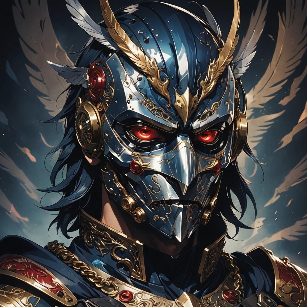 Anime Man in Metal Bird Mask Portrait