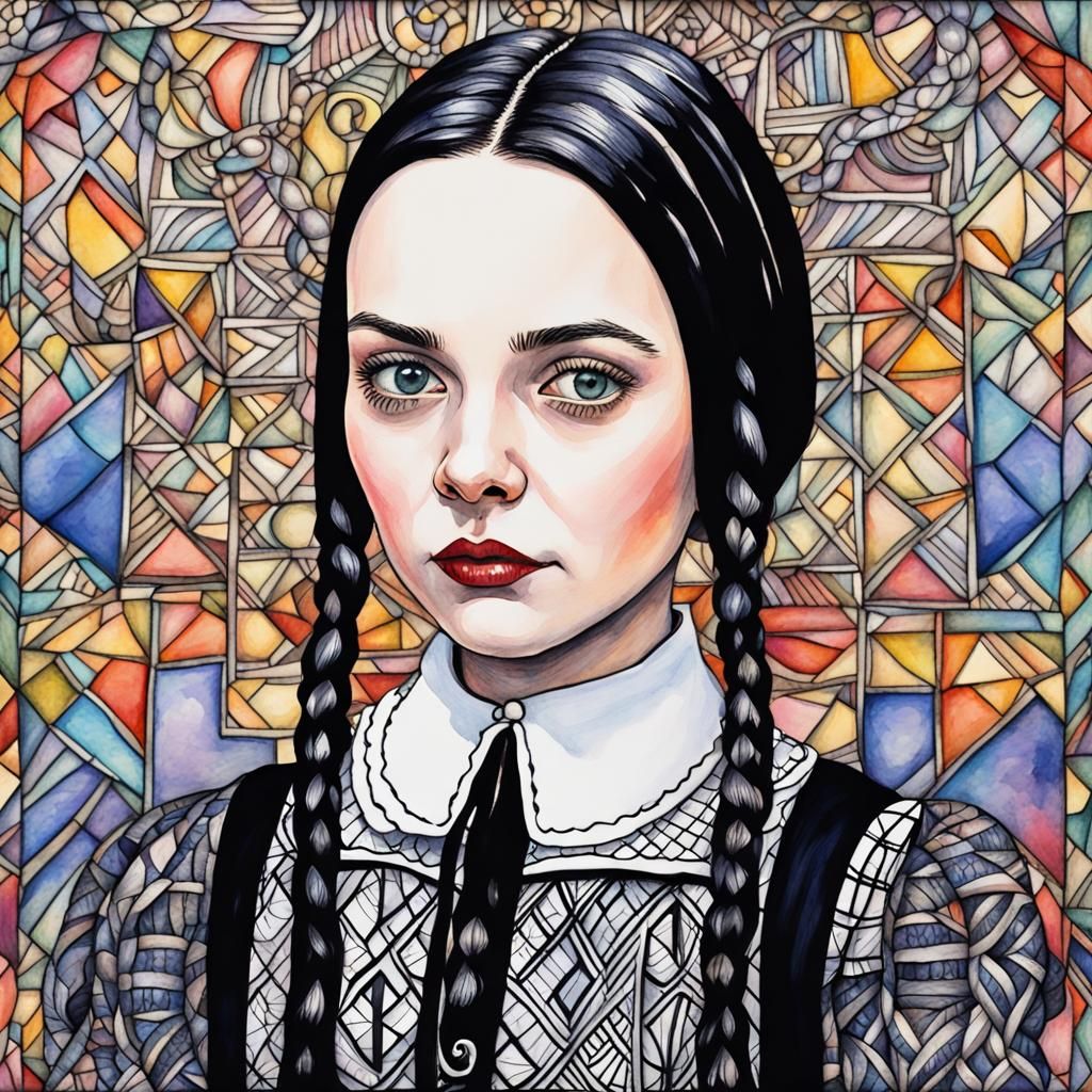 Wednesday Addams in Zentangle Style, Gouache Watercolor