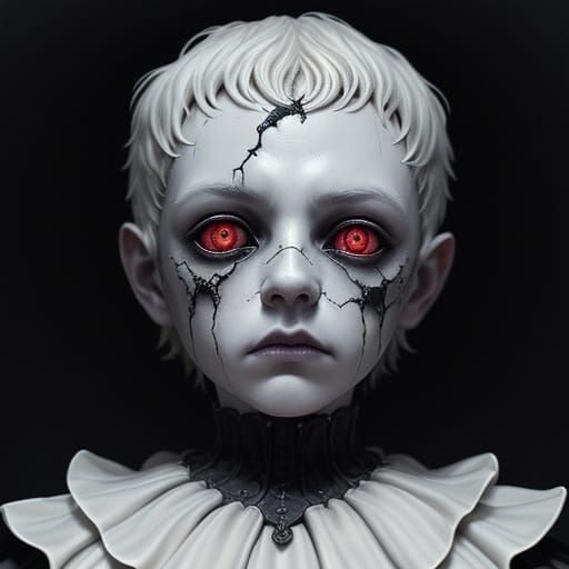 Gothic Surrealism: Cracked Porcelain Doll with Electric Eyes