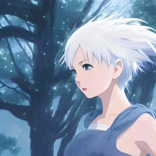 Anime Girl with White Hair in Ghibli Style