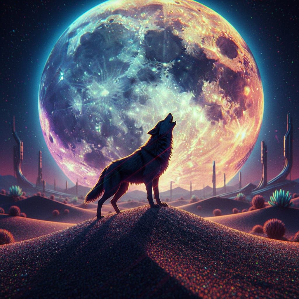 Wolf Howling at Moon in Hyperrealistic Style