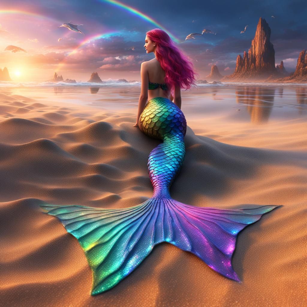 Iridescent Mermaid Tail and Rainbow on Sand