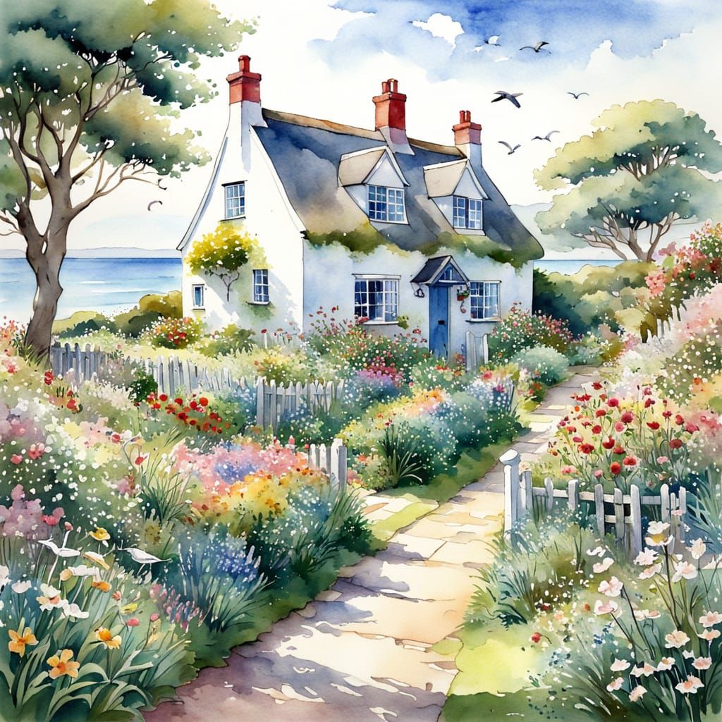 Seaside Cottage Watercolour Painting with Garden View