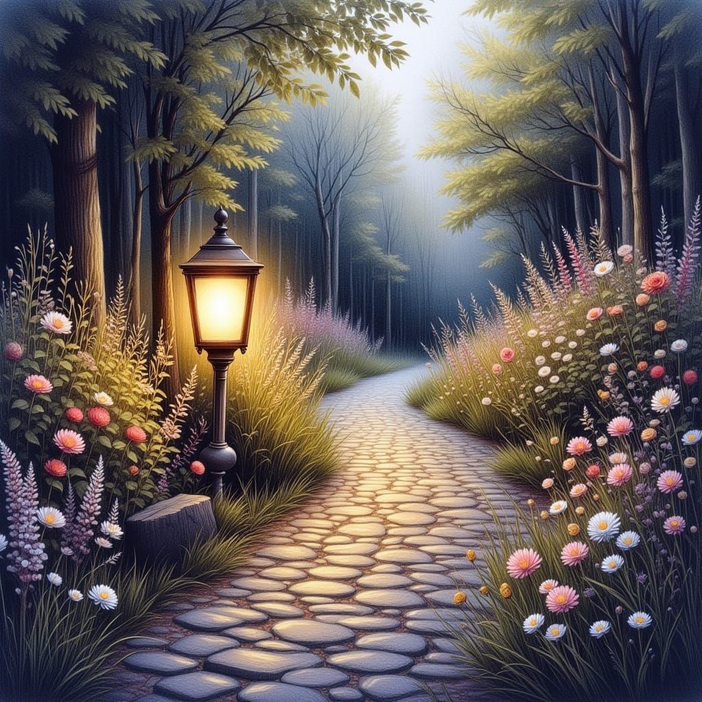 Lantern Glow on Cobblestone Path with Wildflowers