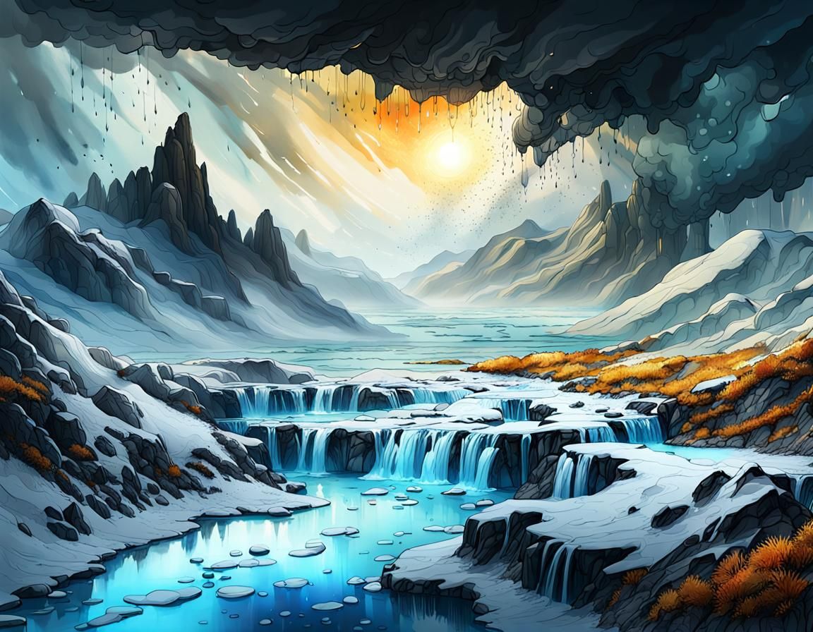 Iceland Storm in Chinese Ink, Detailed Matte Painting