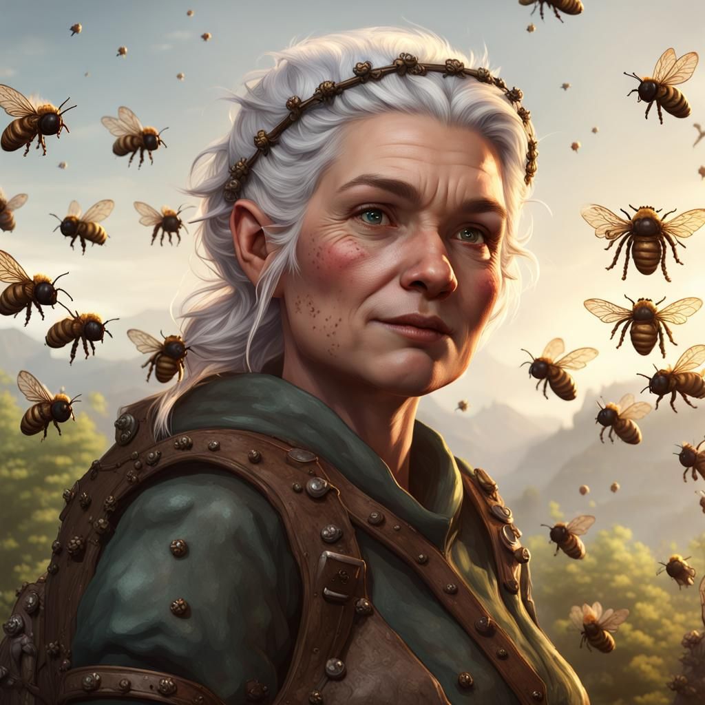 Halfling Ranger with Bee Swarm, Dark Fantasy Art