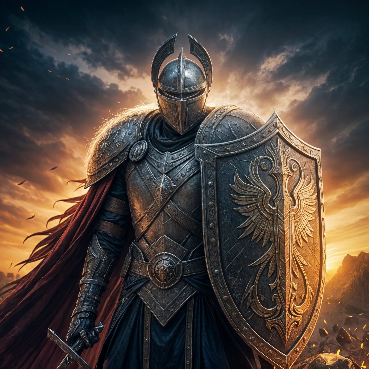 Hyperrealistic Knight Shield in Dramatic Battle Scene