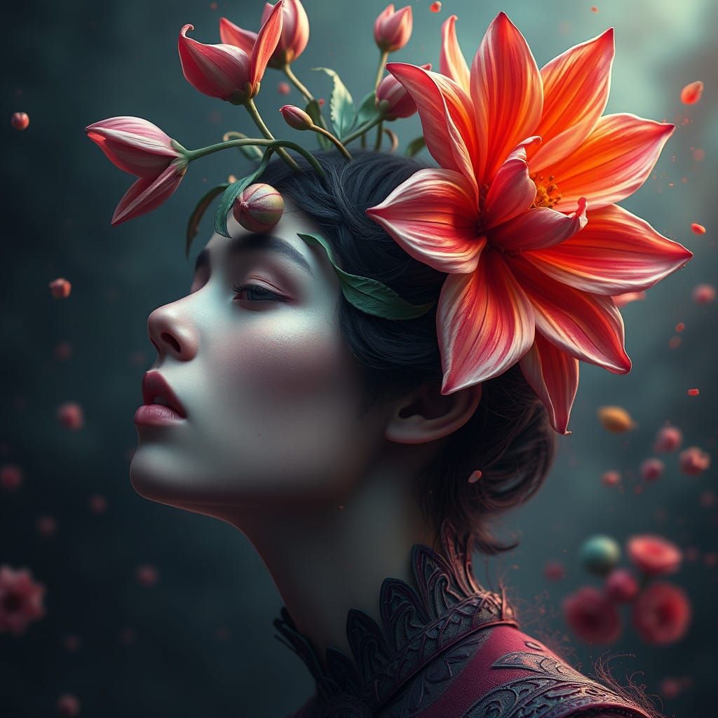 Enchanted Realist: Woman Blossoming with Vibrant Florality