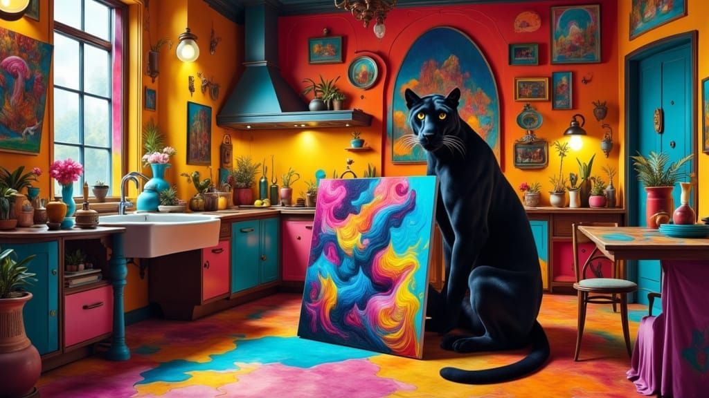 <lora:Tikissvivi:1.0> Wonderful panther holding a vivid painted canvas