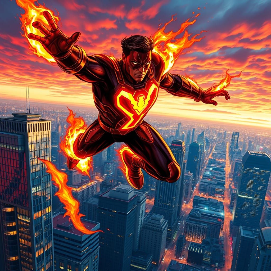 Fire-Souled Avenger Dominates Sunset Metropolis