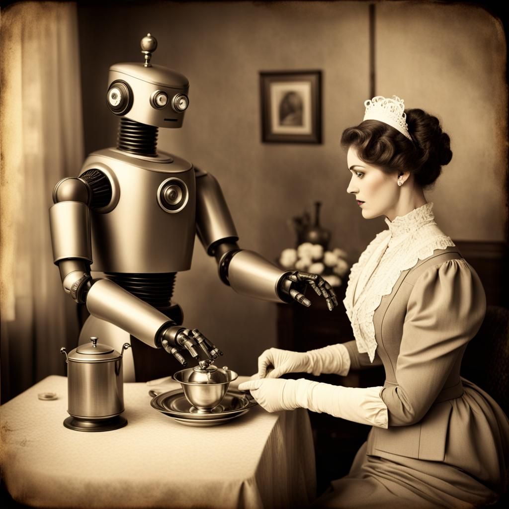 Vintage Photograph of a Robot Butler Serving Lady