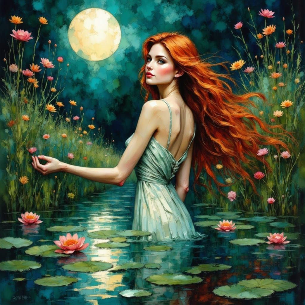 Red-Haired Woman in Moonlit Pond, Watercolor Style