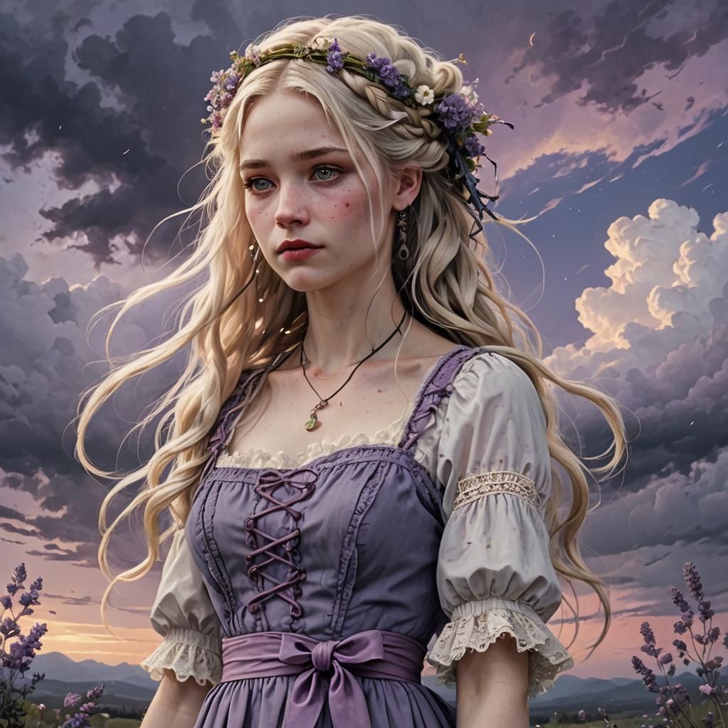 Woman with Flowers in Hair Against Dark Sky