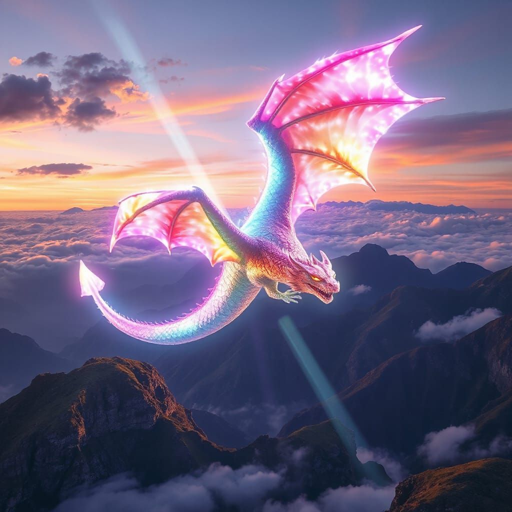 Radiant Light Dragon Soars Over Rainbow Mountains