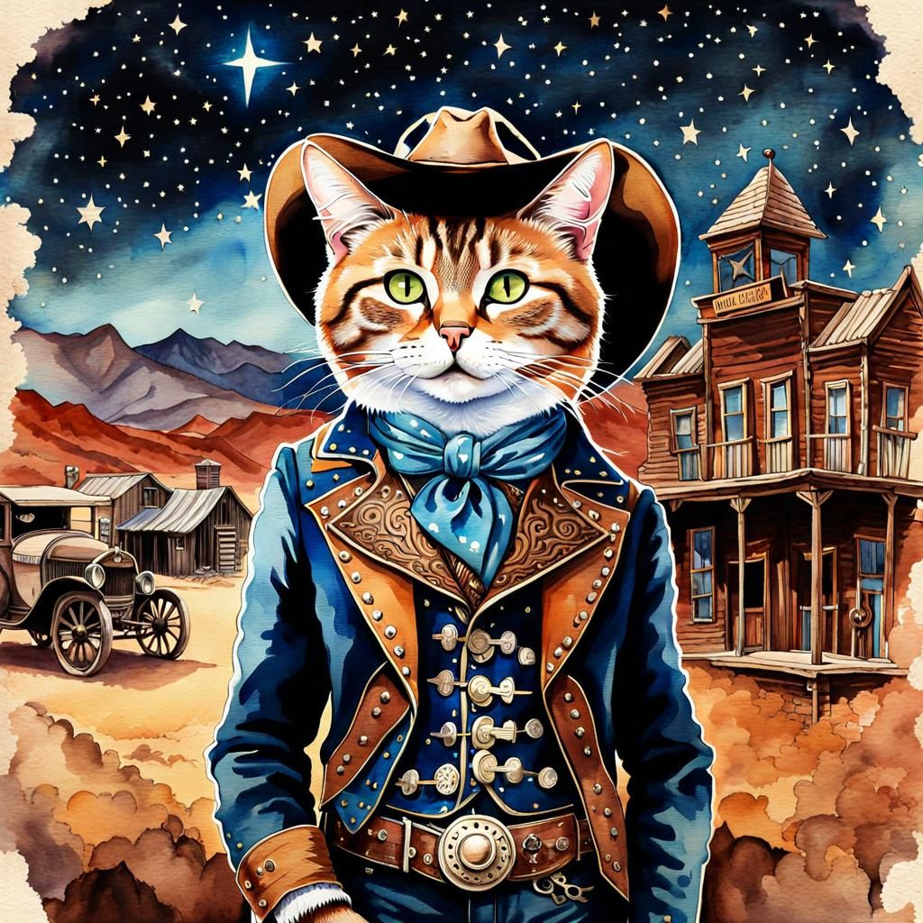 Steampunk Cowboy Cat in Wild West Watercolor