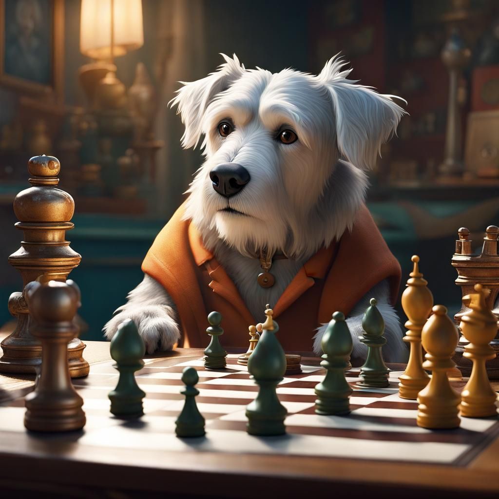 Anthropomorphic Dog Plays Chess: Ghibli-Style Art