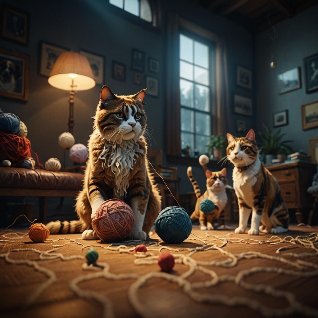 Yarn Cat and Real Cat Play, Retrofuturist Style