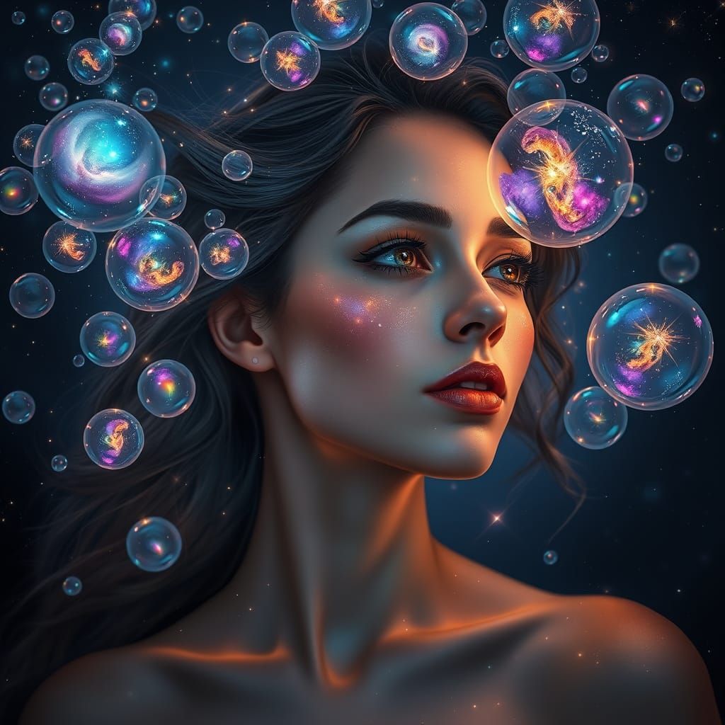 Woman Surrounded by Luminescent Bubbles: Digital Art
