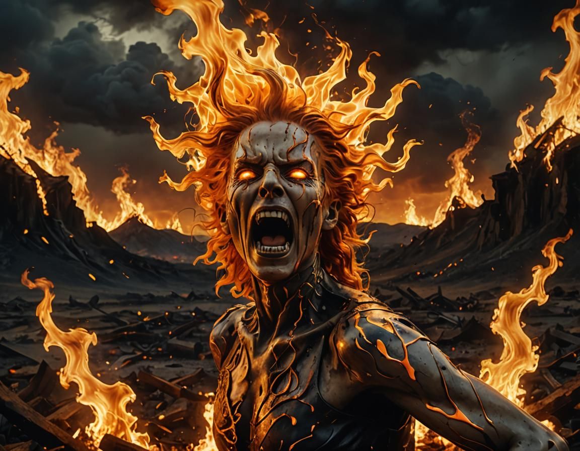 Surrealist Painting: Flaming Figure in a Burning Landscape