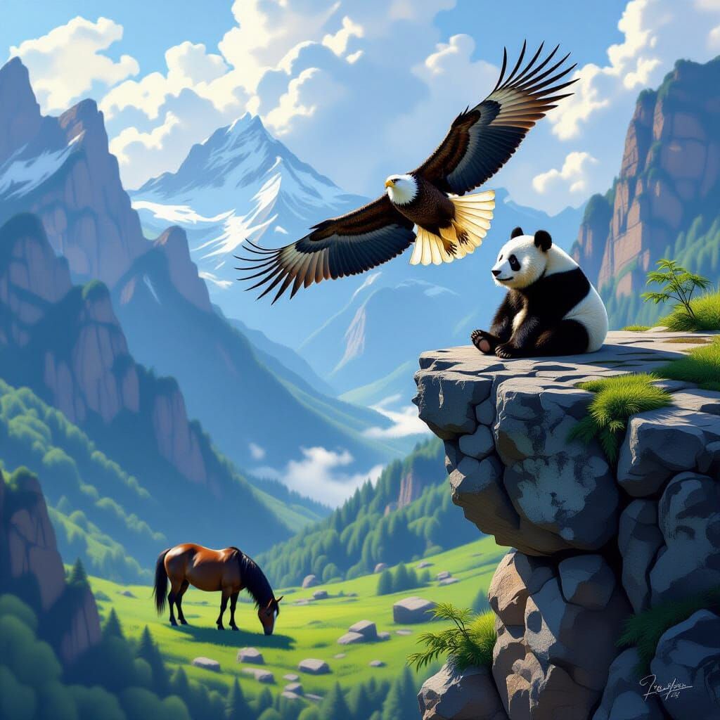 Eagle Over Panda and Horse in Hyperrealistic Digital Paintin...