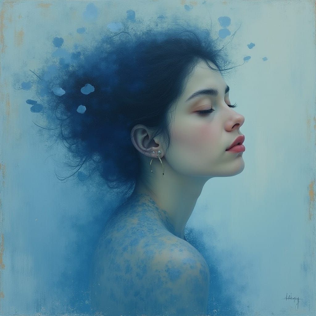 A Serene Woman in Ethereal Smalt Blue Hues