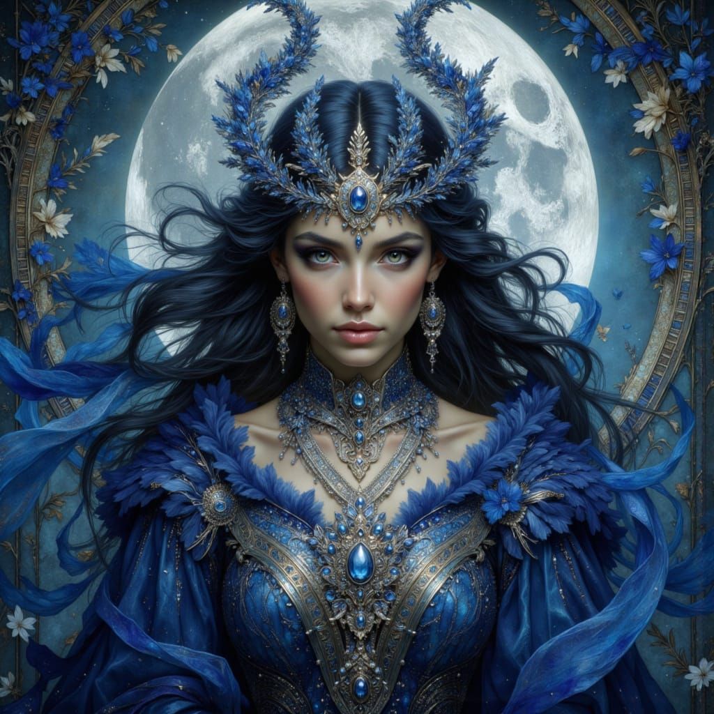 Sorceress in Moonlit Grove, Art Nouveau & Oil Painting Style