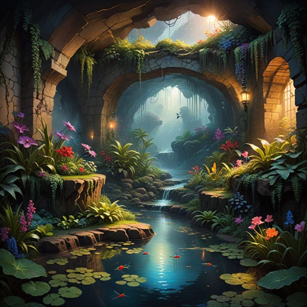 Ethereal Cave With Pond and Light Rays