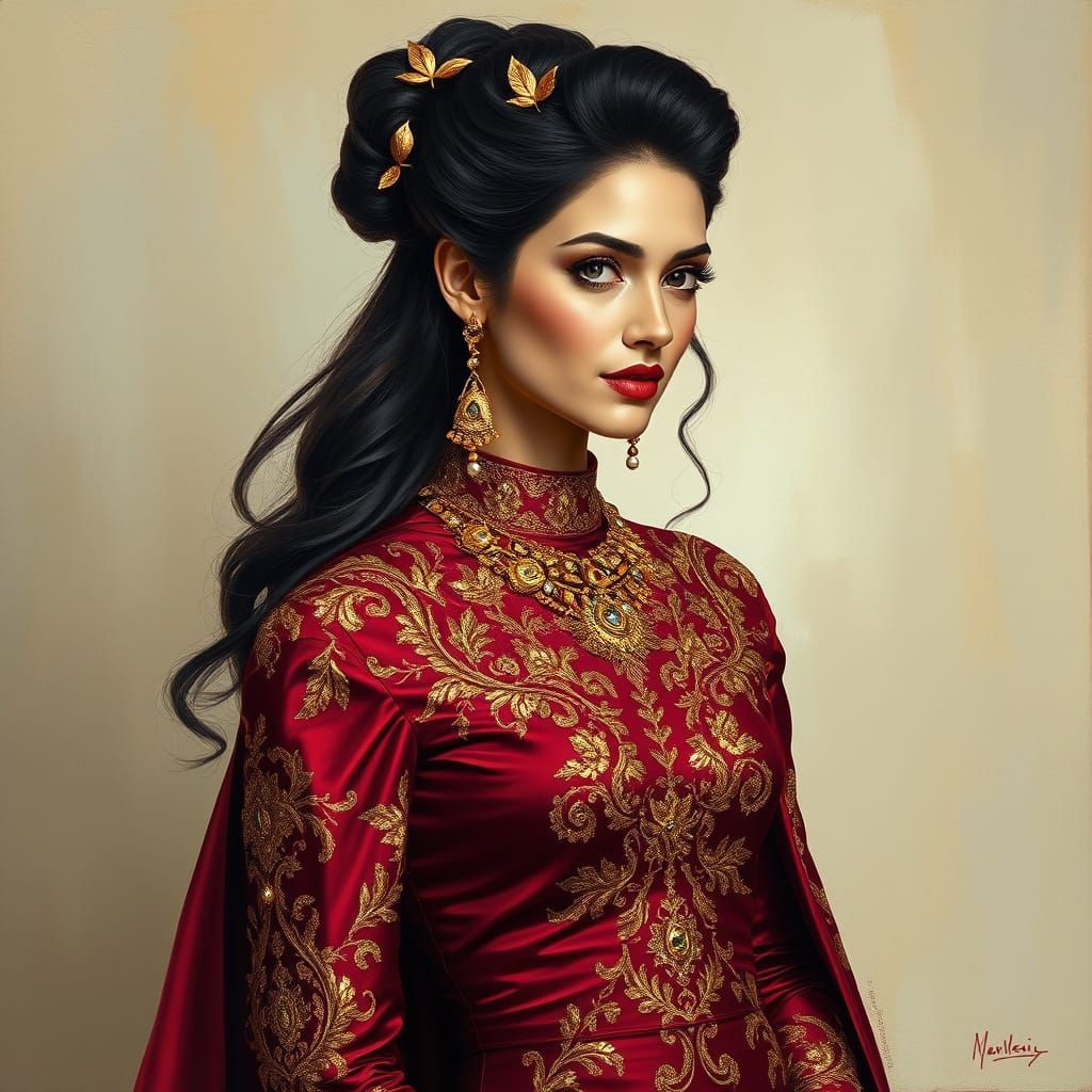 Elegant Lady in Opulent Gown with Ornate Hairdo