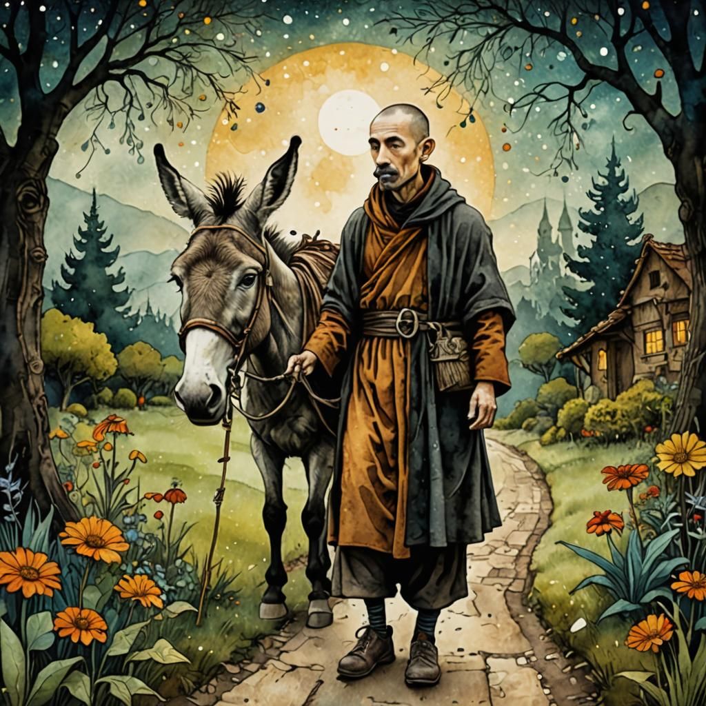 Monk and Donkey in Garden, Watercolor Ink Art