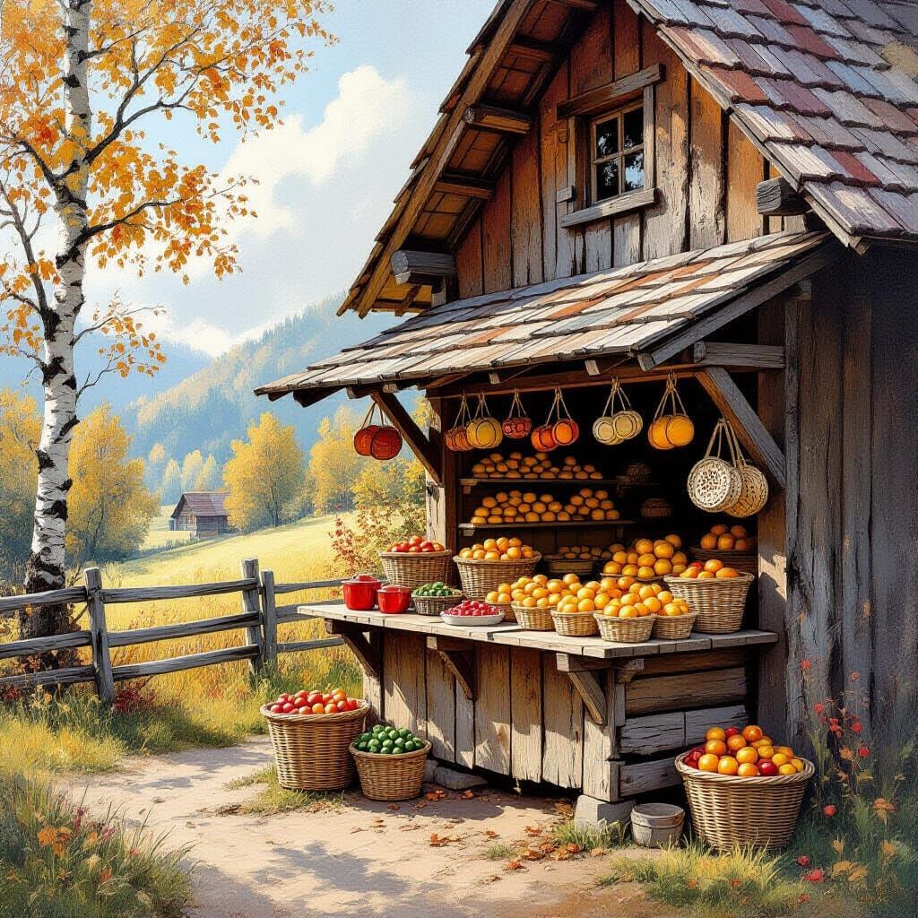 Medieval Forest Scene: Rustic Hut with Vendor Stall