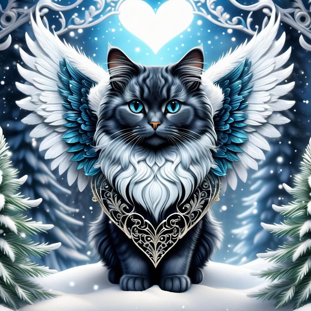 Whimsical Winter Cat with Wings in Baroque Style
