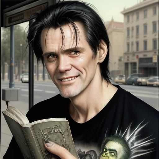 Grinchy Man at Bus Stop in Dark Fantasy Style