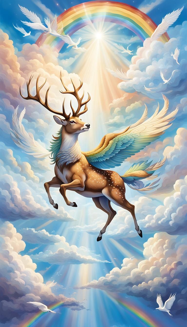 Winged Deer Soaring Through Dreamy Sky