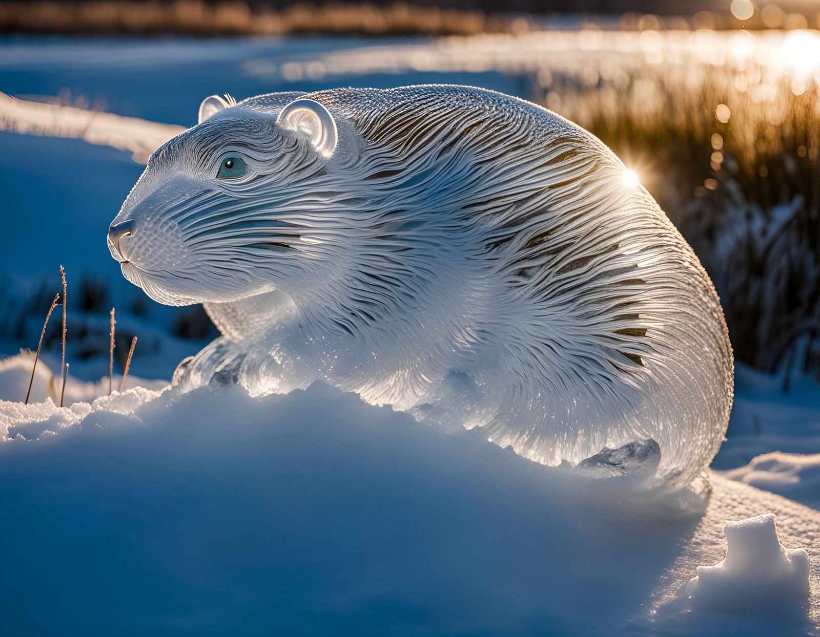 Icy Nutria Sculpture Sparkles in Morning Light
