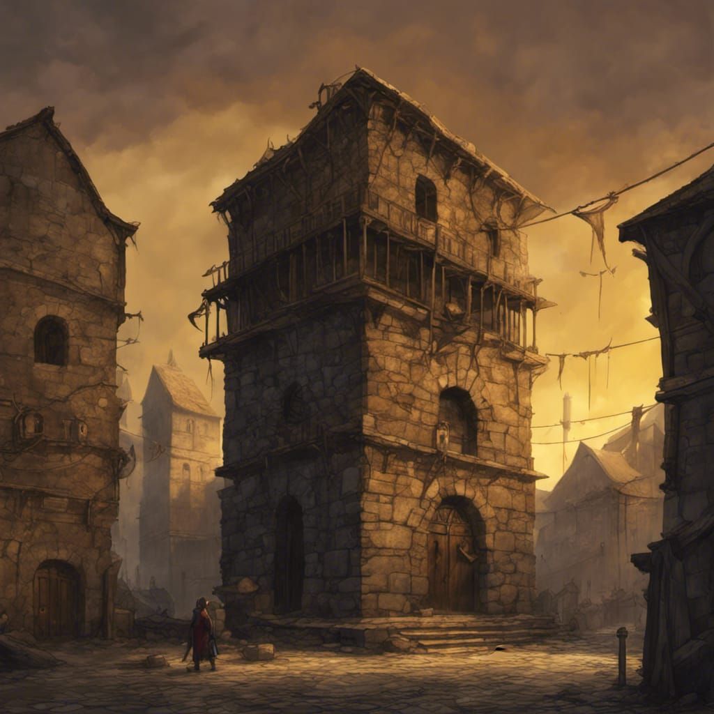 Dark Fantasy Medieval Prison Tower in Public Square