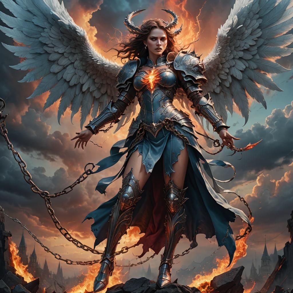 Demonic Angel Reaching for Fiery Sky in 8K