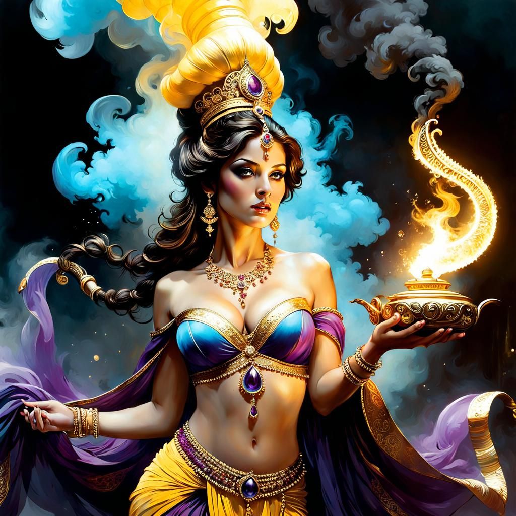 Detailed Genie Emerges from Ornate Lamp