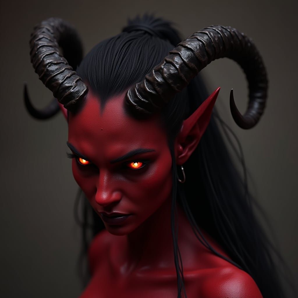 Stunning Tiefling Woman with Red Skin and Black Horns