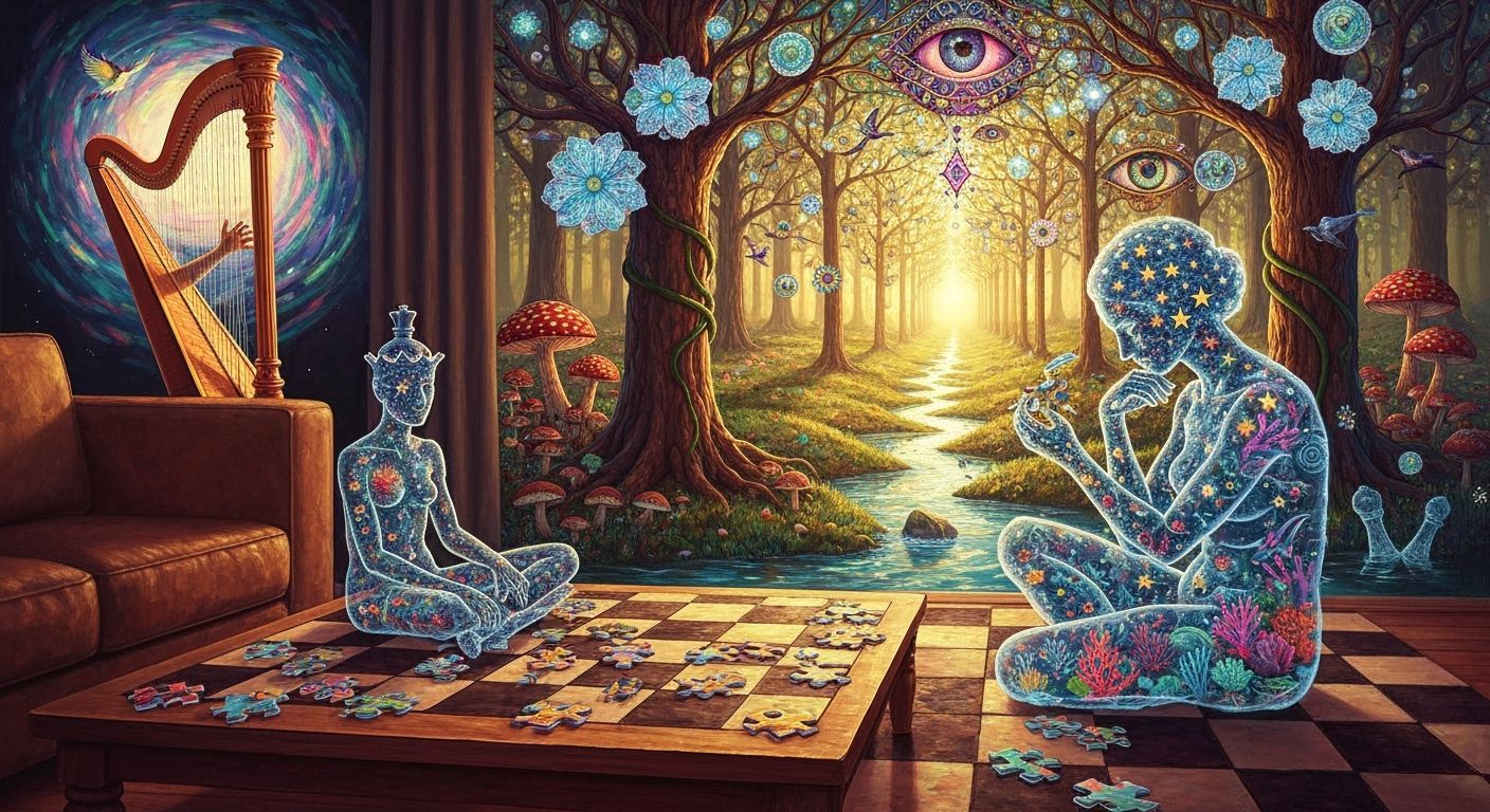 Ocean Puzzle Pieces on Coffee Table in Oil Painting Style