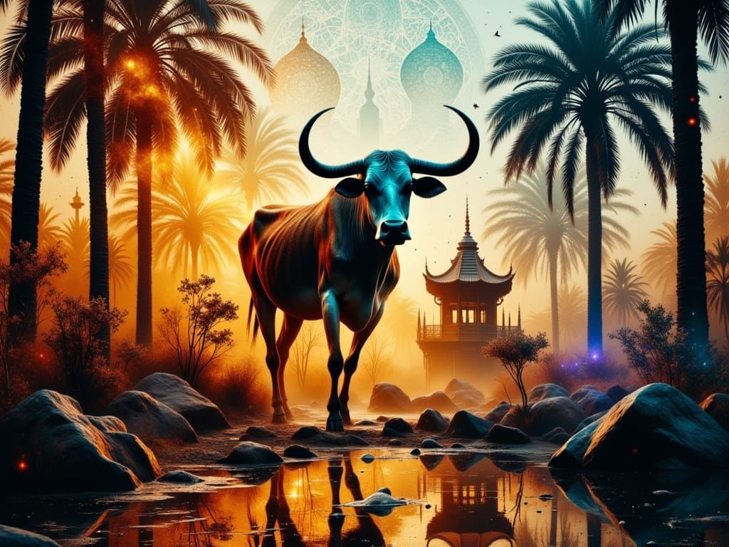 Vibrant Double Exposure Cityscape with Zoo Wildlife at Dawn