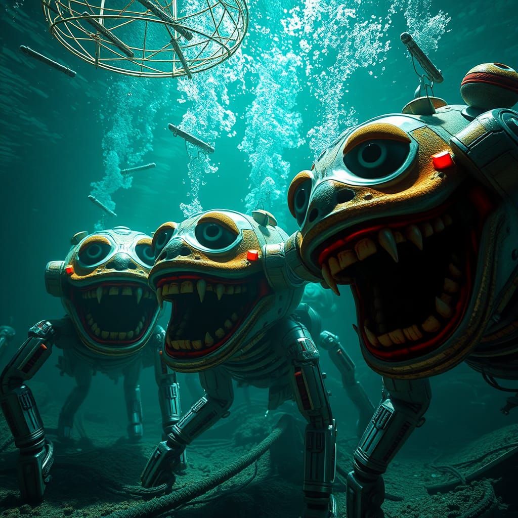 Creepy Abandoned Theme Park Underwater in Synthwave Style