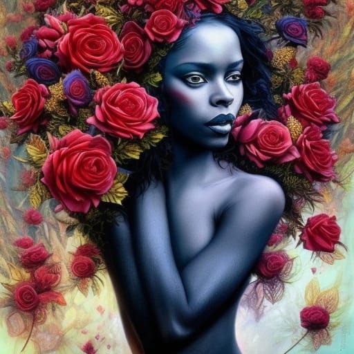 Neovictorian Woman with Roses and Thorns, Detailed Artwork