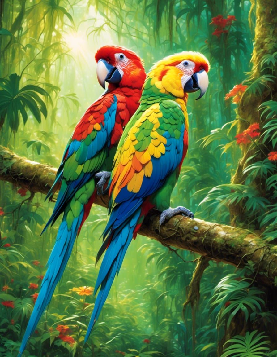 Close up of two colourful parrots in a lush green rainforest, fine lines, sunray