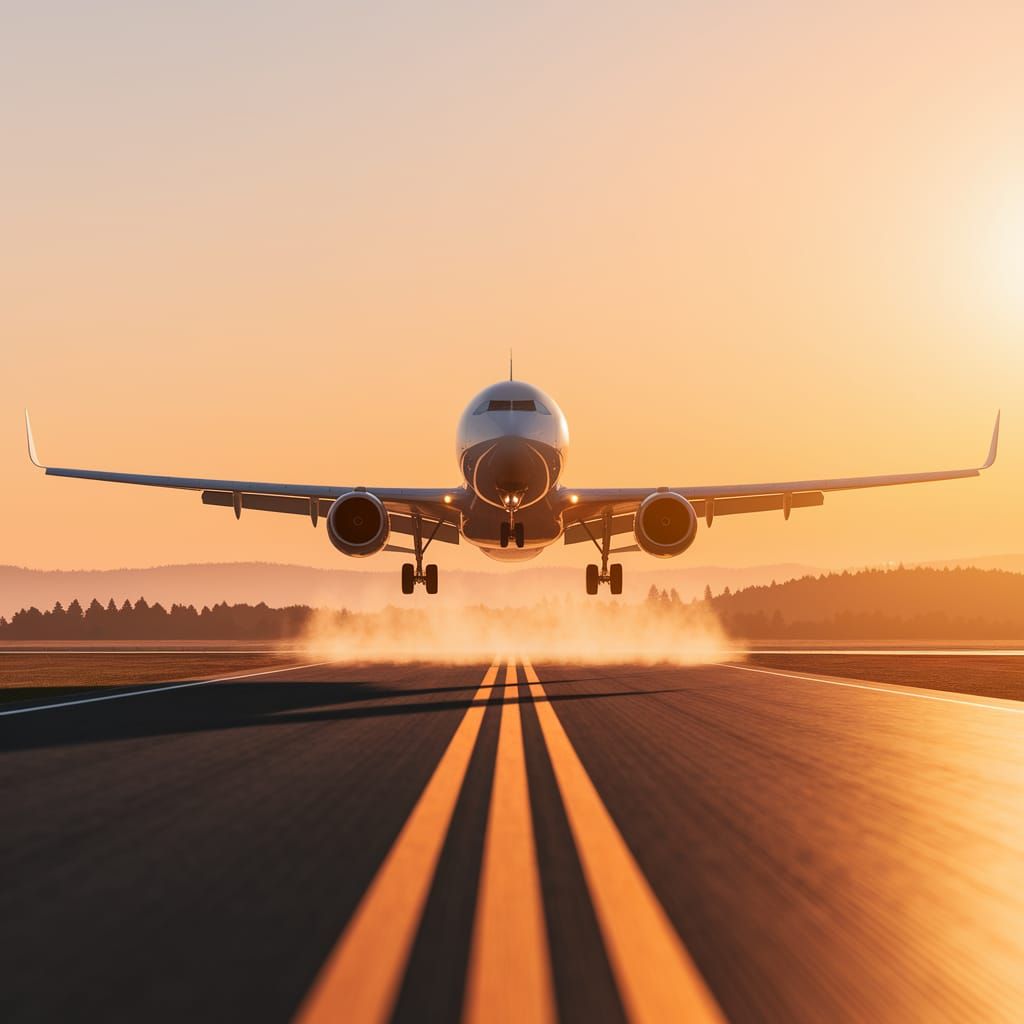 Sleek Commercial Plane Takes Off at Sunset in 3D Render